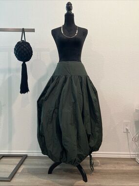Olive Green Balloon Midi Skirt - Full Gathered Silhouette